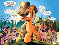 Size: 837x639 | Tagged: safe, artist:andy price, idw, official comic, applejack, fluttershy, pinkie pie, rainbow dash, rarity, twilight sparkle, alicorn, earth pony, pegasus, pony, unicorn, g4, spoiler:comic, spoiler:comic25, breaking the fourth wall, cowboy hat, cropped, female, hat, idw advertisement, mane six, mare, meta, sheriff's badge, speech bubble, stetson, the end, to be continued, twilight sparkle (alicorn)