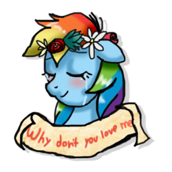 Size: 1000x1000 | Tagged: safe, artist:stockingstreams, rainbow dash, g4, blushing, crying, eyes closed, female, floral head wreath, flower, messy mane, old banner, rejection, sad, simple background, smiling, solo, transparent background