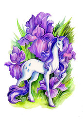 Size: 600x879 | Tagged: safe, artist:trollgirl, rarity, classical unicorn, g4, flower, horn, iris (flower), leonine tail, traditional art, unshorn fetlocks, watercolor painting