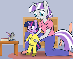 Size: 3708x3000 | Tagged: safe, artist:empyu, smarty pants, twilight sparkle, twilight velvet, anthro, g4, clothes, duo, female, filly, high res, mother and daughter