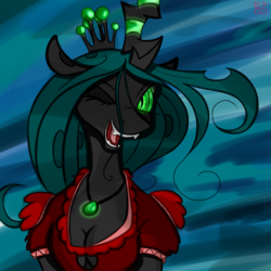 Size: 4096x4096 | Tagged: safe, artist:briarspark, queen chrysalis, changeling, changeling queen, anthro, g4, absurd resolution, boob window, cleavage, clothes, dress, female, necklace, solo, wink