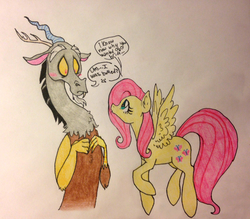 Size: 1393x1219 | Tagged: safe, artist:ameliacostanza, discord, fluttershy, fanfic:bride of discord, g4, female, male, ship:discoshy, shipping, straight, traditional art