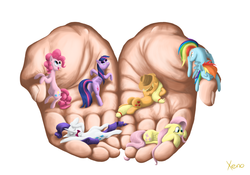 Size: 1280x896 | Tagged: safe, artist:the1xeno1, applejack, fluttershy, pinkie pie, rainbow dash, rarity, twilight sparkle, alicorn, pony, g4, eyes closed, female, floppy ears, gritted teeth, hand, in goliath's palm, mane six, mare, marshmelodrama, micro, on back, open mouth, prone, scared, sleeping, smiling, tiny, tiny ponies, twilight sparkle (alicorn), wide eyes