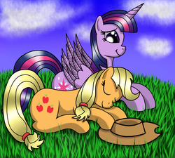 Size: 2393x2152 | Tagged: safe, artist:heartshielder1991, applejack, twilight sparkle, alicorn, pony, g4, eyes closed, female, grass, high res, mare, meadow, prone, smiling, twilight sparkle (alicorn)