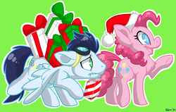 Size: 1100x700 | Tagged: safe, artist:thewardenx3, pinkie pie, soarin', g4, carrying, chest fluff, christmas, female, goggles, hat, male, mouth hold, old cutie mark, present, santa hat, shipping, soarinpie, straight