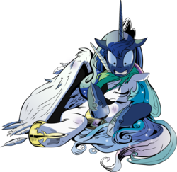 Size: 2298x2234 | Tagged: safe, artist:andypriceart, artist:dsana, princess celestia, princess luna, g4, spoiler:comic, spoiler:comic17, bruised, crying, eyes closed, feather, floppy ears, gritted teeth, high res, hug, injured, simple background, transparent background, vector