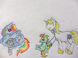 Size: 4000x3000 | Tagged: safe, artist:freakyfredover9000, prince blueblood, rainbow dash, oc, oc:goldrush, oc:star struck, g4, :p, eyes closed, family, female, foal, frown, glare, grin, male, newborn, offspring, parent:prince blueblood, parent:rainbow dash, parents:bluedash, prone, pushing, ship:bluedash, shipping, sitting, smiling, straight, tongue out, traditional art