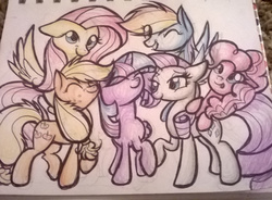 Size: 1977x1456 | Tagged: safe, artist:uunicornicc, applejack, fluttershy, pinkie pie, rainbow dash, rarity, twilight sparkle, friendship is magic, g4, my little pony: friendship is magic, anniversary, derp, eyes closed, floppy ears, mane six, nuzzling, traditional art, twilight sparkle (alicorn), wink