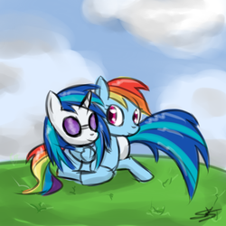 Size: 900x900 | Tagged: safe, artist:speccysy, dj pon-3, rainbow dash, vinyl scratch, g4, female, lesbian, shipping, vinyldash