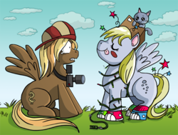 Size: 576x435 | Tagged: safe, artist:xkappax, big shot, derpy hooves, cat, pegasus, pony, g4, background pony, camera, clothes, converse, costume, eyes closed, female, mare, paparazzi