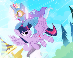 Size: 1200x960 | Tagged: safe, artist:pixelkitties, trixie, twilight sparkle, alicorn, pony, g4, angry, female, flying, goggles, mare, open mouth, ponies riding ponies, riding, trixie riding twilight, twilight sparkle (alicorn), unamused