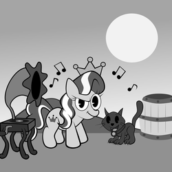Size: 1635x1635 | Tagged: safe, artist:magerblutooth, diamond tiara, oc, oc:dazzle, cat, g4, black and white, grayscale, music notes, music player, sun