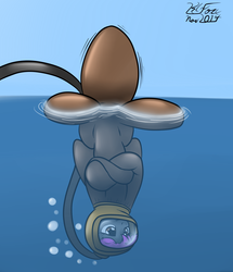 Size: 1035x1202 | Tagged: safe, artist:the-furry-railfan, oc, oc only, oc:crash dive, pegasus, pony, diving suit, floating, grumpy, hose, inflation, silly, silly pony, solo, underwater, upside down