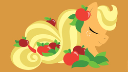 Size: 1920x1080 | Tagged: safe, artist:raygirl, part of a set, applejack, earth pony, pony, g4, apple, bust, eyes closed, female, food, lineless, mare, orange background, portrait, profile, simple background, solo, wallpaper