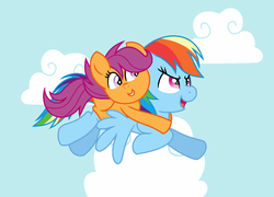 Size: 1024x738 | Tagged: dead source, safe, artist:archerinblue, rainbow dash, scootaloo, g4, flying, ponies riding ponies, riding, scootaloo riding rainbow dash, scootalove