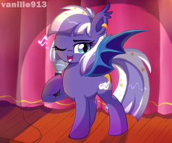 Size: 1280x1067 | Tagged: safe, artist:spookyle, oc, oc only, oc:sweet lullaby, bat pony, pony, bat pony oc, bat wings, ear piercing, earring, female, hoof hold, jewelry, looking at you, mare, microphone, one eye closed, open mouth, piercing, singing, slit pupils, smiling, solo, song, spotlight, spread wings, stage, wings