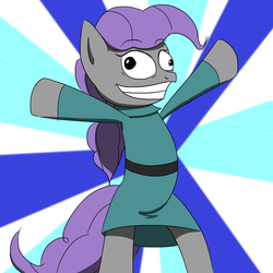 Size: 1200x1200 | Tagged: safe, artist:varemia, maud pie, earth pony, pony, g4, alternate hairstyle, bipedal, clothes, crazy face, faic, female, grin, maudie pie, solo