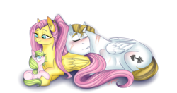 Size: 1702x900 | Tagged: safe, artist:dragonfoxgirl, bulk biceps, fluttershy, oc, oc:anthea, pegasus, pony, unicorn, kilalaverse, g4, adopted offspring, alternate hairstyle, butt pillow, female, male, parent:bulk biceps, parent:fluttershy, parent:oc:azalea, parent:oc:berry vine, parents:flutterbulk, parents:oc x oc, ponytail, scared, ship:flutterbulk, shipping, simple background, sleeping, story in the source, straight, transparent background