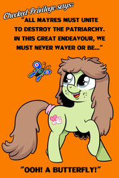 Size: 500x748 | Tagged: safe, artist:catfood-mcfly, oc, oc only, oc:checked privilege, butterfly, earth pony, pony, acne, adhd, distracted, feminism, fury belle, neurodivergent, text