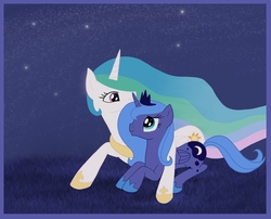 Size: 4616x3728 | Tagged: safe, artist:luciekj, princess celestia, princess luna, alicorn, pony, g4, female, hug, mare, night, s1 luna