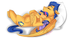 Size: 1900x1000 | Tagged: safe, artist:dragonfoxgirl, flash sentry, oc, oc:night light jr, oc:starburst, pegasus, pony, unicorn, kilalaverse, g4, :o, colt, cuddling, cute, diasentres, eyes closed, father and daughter, father and son, female, filly, floppy ears, hug, male, offspring, on back, open mouth, papa flash, parent:flash sentry, parent:twilight sparkle, parents:flashlight, pillow, scar, siblings, simple background, sleeping, snuggling, starbetes, story in the source, transparent background, vector, weapons-grade cute, winghug