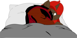 Size: 1919x957 | Tagged: safe, oc, oc only, oc:fenrir bloodmoon, oc:shear edge, bed, cuddling, sad, shipping, snuggling