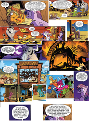 Size: 1322x1782 | Tagged: safe, artist:andypriceart, idw, official comic, applejack, jersey shore, king longhorn, morninglory fields, sheriff tumbleweed, twilight sparkle, alicorn, bull, cow, goat, pony, scorpion, g4, spoiler:comic, spoiler:comic25, apple, carrot, collage, comic, cropped, destruction, female, fire, food, mare, montage, speech bubble, swirly eyes, twilight sparkle (alicorn), unnamed character, unnamed pony