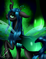 Size: 1700x2160 | Tagged: safe, artist:crazyaniknowit, queen chrysalis, changeling, changeling queen, g4, crown, female, jewelry, looking back, raised hoof, regalia, solo, transparent wings, wings