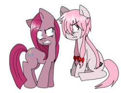 Size: 1300x1000 | Tagged: safe, artist:tairusuku, pinkie pie, earth pony, pony, g4, crossover, duo, duo female, female, future diary, mare, mirai nikki, pinkamena diane pie, ponified, simple background, transparent background, yandere, yandere pie, yuno gasai