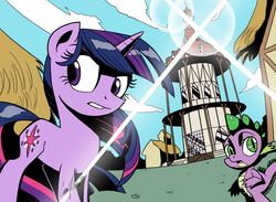 Size: 1500x1100 | Tagged: safe, artist:ceehoff, spike, twilight sparkle, dragon, pony, unicorn, g4, female, lens flare, male, mare, ponyville town hall, style emulation, tengen toppa gurren lagann, town hall, unicorn twilight