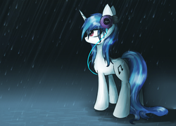 Size: 1500x1079 | Tagged: safe, artist:irigulus, dj pon-3, vinyl scratch, g4, female, headphones, rain, solo, wet, wet mane