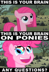 Size: 425x628 | Tagged: safe, pinkie pie, earth pony, pony, g4, my little pony: friendship is magic, the cutie mark chronicles, filly, happy, jontron thread, rainbow, rainbow eyes, smiling, text