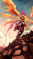 Size: 889x1588 | Tagged: safe, artist:loukolaworks, scootaloo, seraph, anthro, g4, badass, city, clothes, female, jacket, motorcycle, multiple wings, older, scootaloo can fly, solo, wings