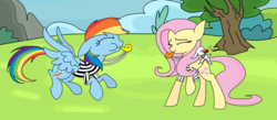 Size: 1024x448 | Tagged: safe, artist:violetandblaire, angel bunny, fluttershy, rainbow dash, g4, blowing, blowing whistle, casual, cute, dashabetes, giggling, laughing, puffy cheeks, rainblow dash, referee, referee rainbow dash, relaxed, shyabetes, smiling, whistle, whistle necklace