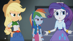 Size: 593x338 | Tagged: safe, screencap, applejack, rainbow dash, rarity, equestria girls, g4, my little pony equestria girls: rainbow rocks, bracelet, derp, female, great moments in animation, i just don't know what went wrong, jewelry, rariderp, shrug