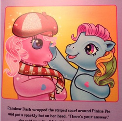 Size: 686x680 | Tagged: safe, artist:lyn fletcher, pinkie pie (g3), rainbow dash (g3), g3, official, blushing, clothes, female, hat, heart, heart eyes, implied shipping, lesbian, scarf, ship:pinkiedash, shipping, wingding eyes