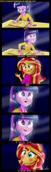 Size: 1024x3455 | Tagged: safe, artist:vixelzf, sunset shimmer, twilight sparkle, equestria girls, g4, my little pony equestria girls: rainbow rocks, ..., blushing, comic, dialogue, discussion in the comments, female, glowing eyes, lesbian, lyrics, scene interpretation, ship:sunsetsparkle, shipping, twilight sparkle (alicorn)