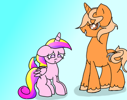 Size: 2808x2204 | Tagged: safe, artist:daisy meadows, princess cadance, oc, unnamed oc, pony, unicorn, g4, bully, bullying, duo, evil smile, frown, grin, high res, sad, too dumb to live