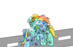 Size: 4117x2653 | Tagged: safe, artist:daisy meadows, lightning dust, rainbow dash, g4, wonderbolts academy, hug, injured, reconciliation, wings