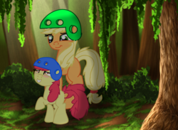 Size: 2141x1568 | Tagged: safe, artist:daisy meadows, apple bloom, applejack, g4, blushing, forest, helmet