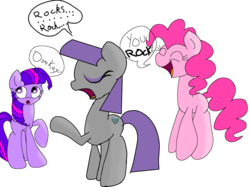 Size: 4100x3071 | Tagged: safe, artist:daisy meadows, maud pie, pinkie pie, twilight sparkle, alicorn, pony, g4, :o, bored, boring, eyes closed, female, jumping, mare, open mouth, pun, raised hoof, rock, rock pun, smiling, twilight sparkle (alicorn)