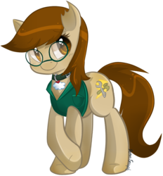 Size: 743x802 | Tagged: safe, artist:rainywren, oc, oc only, oc:jackie trade, earth pony, pony, chubby, clothes, collar, commission, crossed legs, cute, female, glasses, mare, torn ear