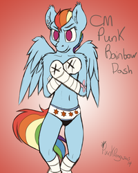 Size: 1400x1750 | Tagged: safe, artist:punk-pegasus, rainbow dash, semi-anthro, g4, clothes, cm punk, crossover, female, solo, topless, wwe