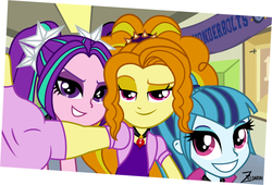 Size: 2510x1709 | Tagged: safe, artist:zeldarondl, adagio dazzle, aria blaze, sonata dusk, equestria girls, g4, my little pony equestria girls: rainbow rocks, bedroom eyes, canterlot high, female, selfie, smiling, the dazzlings, trio, trio female