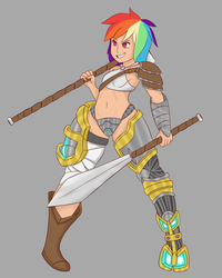 Size: 1280x1600 | Tagged: safe, artist:necro1337, rainbow dash, human, g4, armor, dual wield, female, hammer, humanized, solo, sword, weapon