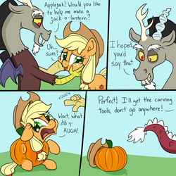 Size: 1280x1280 | Tagged: safe, artist:skitter, applejack, discord, draconequus, earth pony, pony, g4, applejack's hat, applejack-o-lantern, comic, cowboy hat, dialogue, female, floppy ears, frown, grin, hat, i have no mouth and i must scream, inanimate tf, male, mare, open mouth, pumpkin, pumpkinjack, smiling, squishy cheeks, this will end in death, this will end in tears, this will end in tears and/or death, this will not end well, transformation