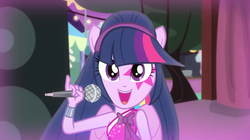 Size: 1440x808 | Tagged: safe, screencap, twilight sparkle, equestria girls, g4, my little pony equestria girls: rainbow rocks, perfect day for fun, cute, female, looking at you, microphone, ponied up, rainbow rocks outfit, singing, solo, twiabetes, twilight sparkle (alicorn)