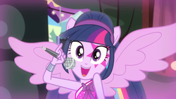 Size: 1440x808 | Tagged: safe, screencap, twilight sparkle, equestria girls, g4, my little pony equestria girls: rainbow rocks, perfect day for fun, cute, looking at you, microphone, ponied up, singing, spread wings, twiabetes, twilight sparkle (alicorn)