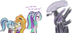 Size: 3554x1653 | Tagged: safe, artist:mishti14, adagio dazzle, aria blaze, sonata dusk, alien, xenomorph, equestria girls, g4, my little pony equestria girls: rainbow rocks, alien (franchise), crossover, scared, the dazzlings