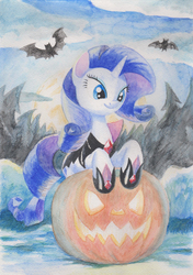 Size: 719x1024 | Tagged: safe, artist:cannibalus, rarity, bat, g4, clothes, costume, female, jack-o-lantern, nightmare night, pumpkin, solo, traditional art, watercolor painting